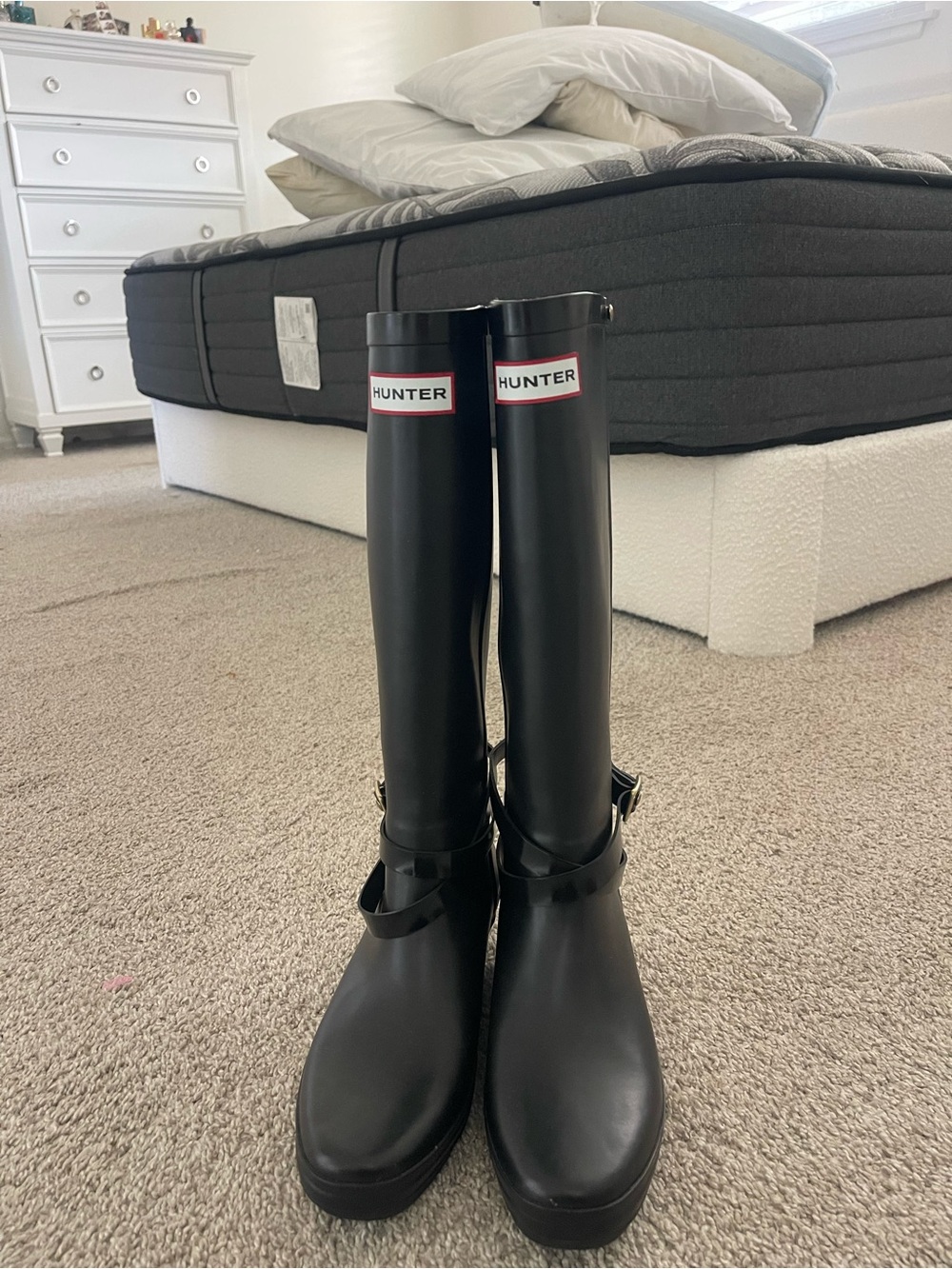 Hunter Black Gloss Tall Rain Boots with Buckle Detail